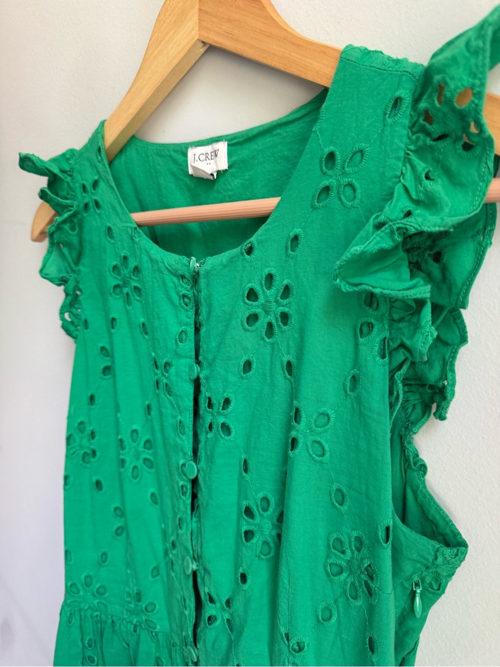 J. Crew Emerald Green Eyelet Midi Dress with Ruffle Sleeves Wedding Garden Party - Picture 3 of 10